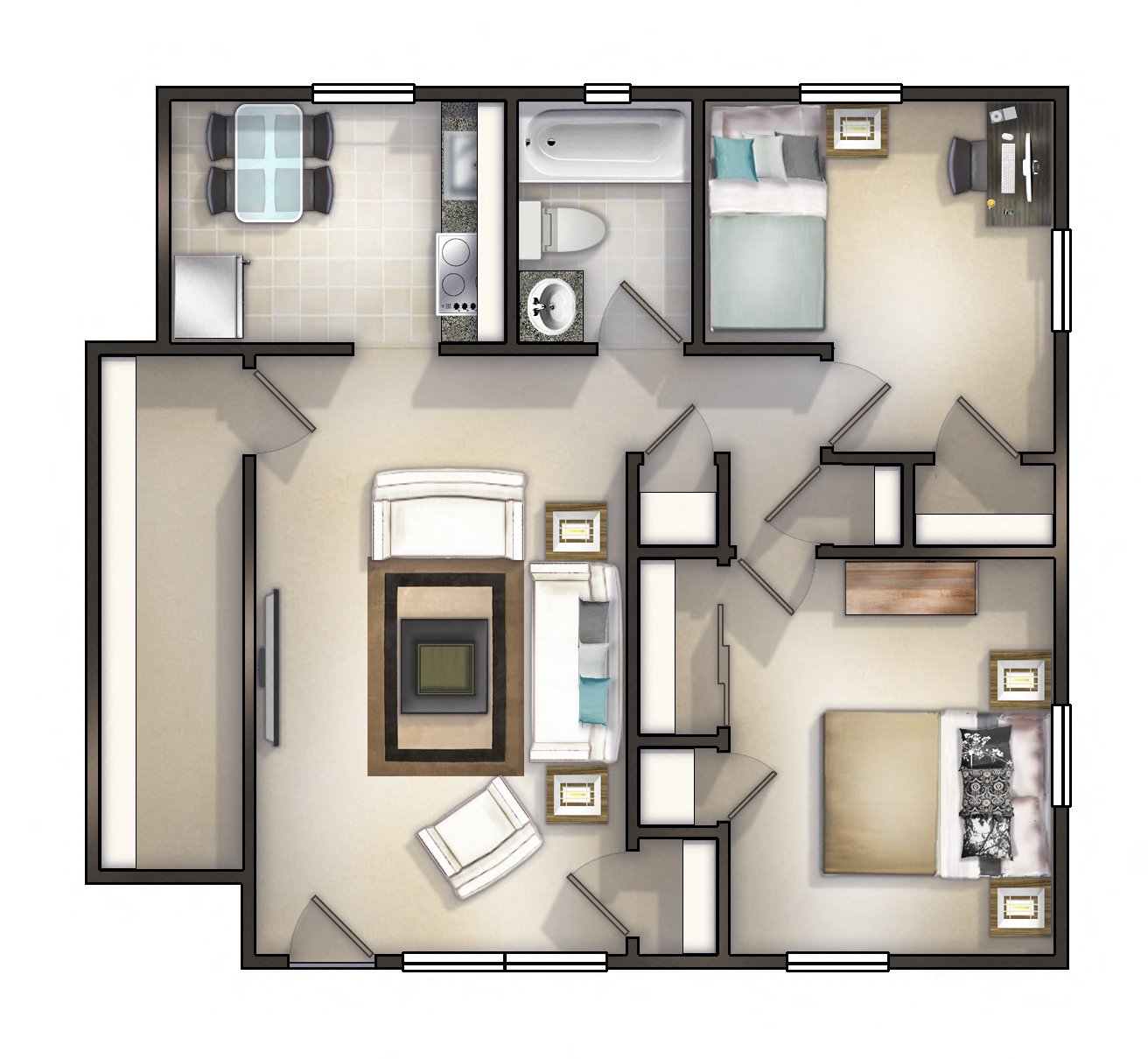 Floor plan for 2 beds, 1 bath, 641 sqft